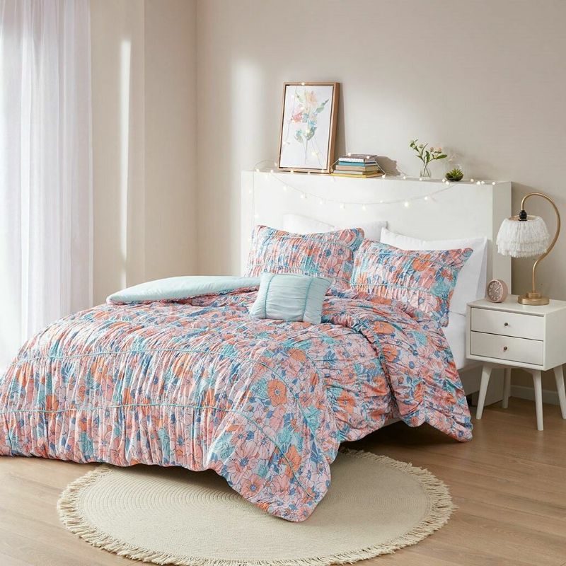 Photo 3 of Twin / Twin XL Luxury Pink & Blue Ruched Floral Comforter Set AND Decorative Pillow. Update your bedroom with the springtime charm of the Intelligent Design Mae Floral Printed Ruched Comforter Set. This ruched comforter features a colorful pink and blue f