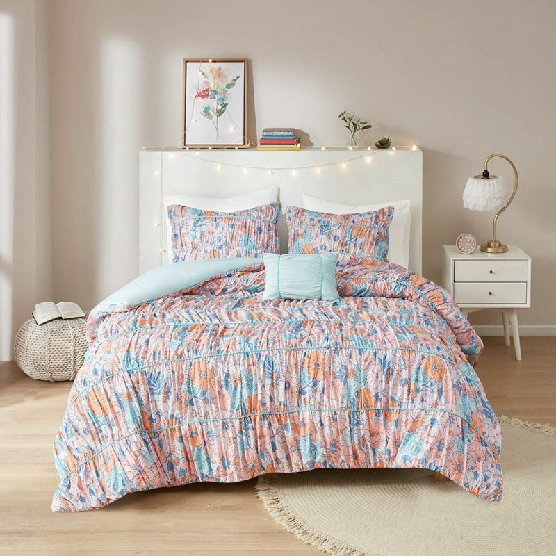 Photo 1 of Twin / Twin XL Luxury Pink & Blue Ruched Floral Comforter Set AND Decorative Pillow. Update your bedroom with the springtime charm of the Intelligent Design Mae Floral Printed Ruched Comforter Set. This ruched comforter features a colorful pink and blue f