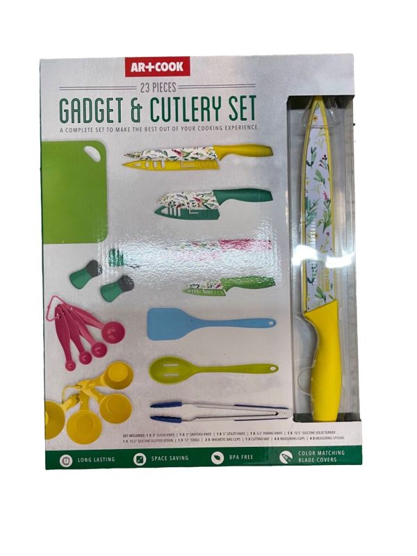 Photo 2 of Art + Cook MULTI COLOR Kitchen Gadget & Cutlery Knives Chef Set, 23 Pc. Set includes: cutting mat, 18" slicer knife with sheath, 5" santoku knife with sheath, 5" utility knife with sheath, 3.5" paring knife with sheath, 10.5" silicone slotted spoon, 10.5"