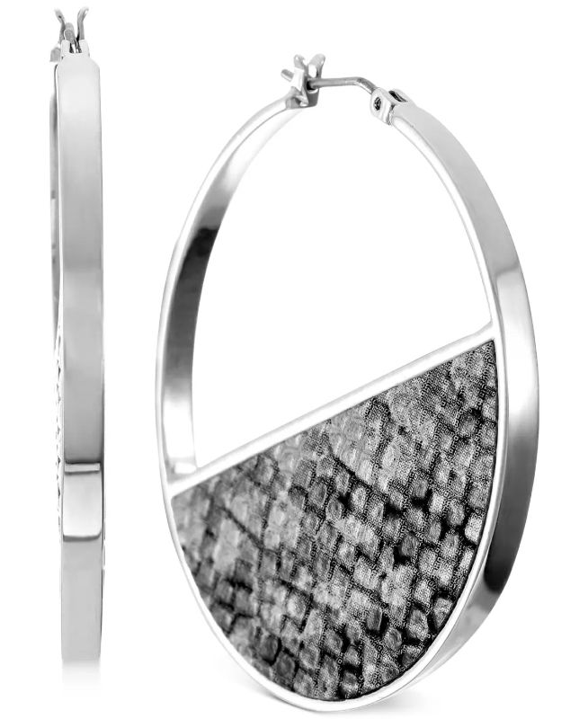 Photo 1 of Alfani Silver-Tone Medium Faux-Leather Inlay Hoop Earrings, 1.77", Created for Macy's 