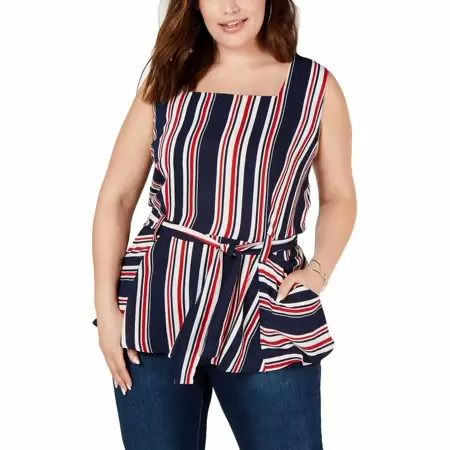 Photo 1 of SIZE 2X Monteau Womens Plus Square Neck Striped Tank Top Navy