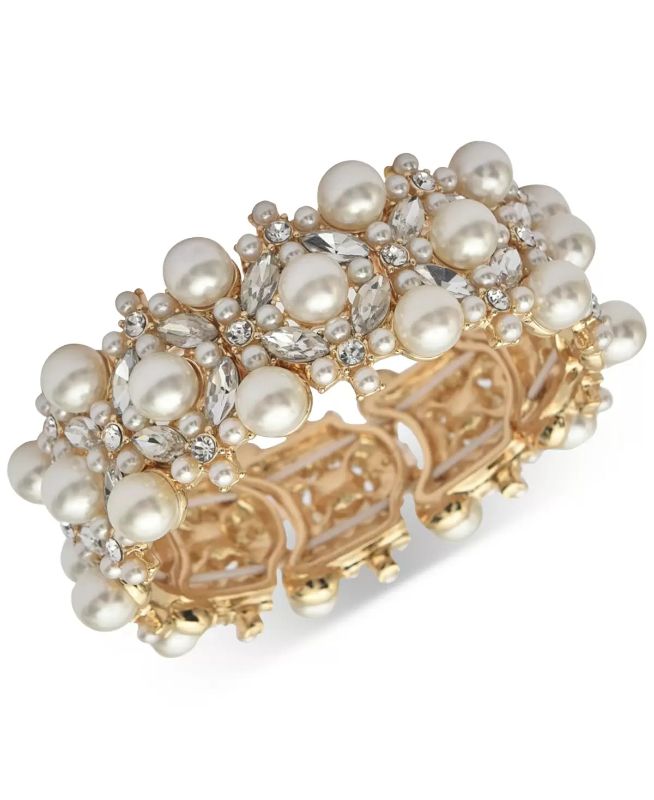 Photo 1 of Charter Club Gold-Tone Crystal & Imitation Pearl Stretch Bracelet