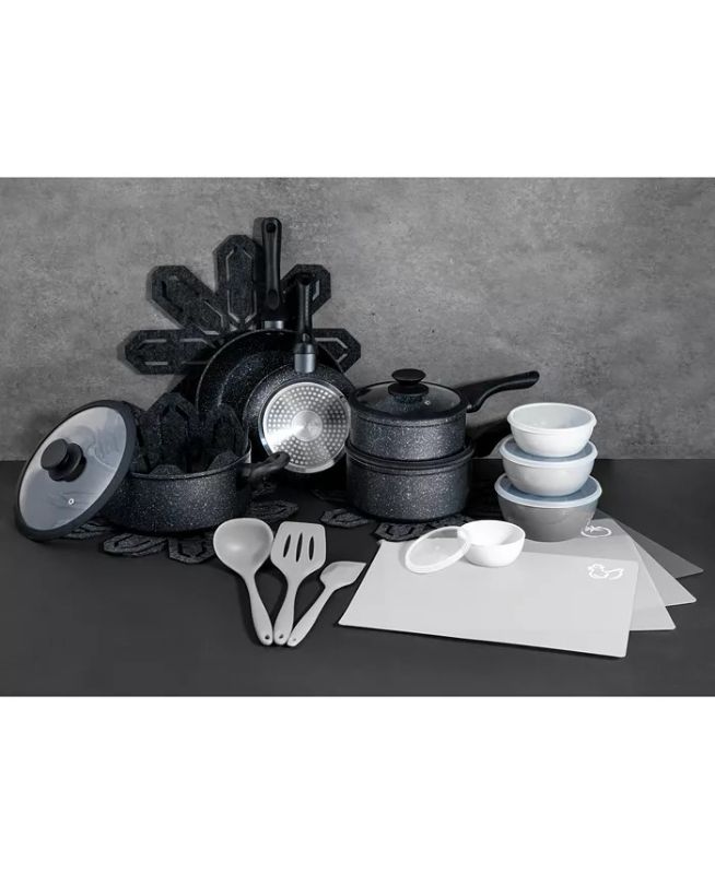 Photo 1 of BROOKLYN STEEL CO.Milky Way 28-Pc. Nonstick Aluminum Cookware Set
Set includes:
8" and 10" fry pans, 1.5-qt. and 2.5-qt. saucepans with lids, 5-qt. Dutch oven with lid, Five felt cookware protectors (2 small, 2 medium and 1 large)
Three silicone utensils: