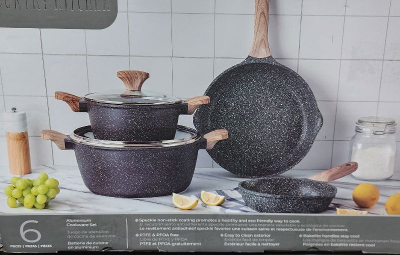 Photo 1 of COUNTRY KITCHEN 6 PIECES ALUMINIUM COOKWARE SET BLACK SPECKLE COATING
THE SET INCLUDES: 8 & 11" FRY PAN, 3QT & 7 QT  DUTCH OVEN WITH GLASS LID.


