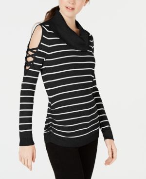 Photo 1 of SIZE S Hooked Up by Iot Juniors' Striped Cowlneck Cold-Shoulder Sweater