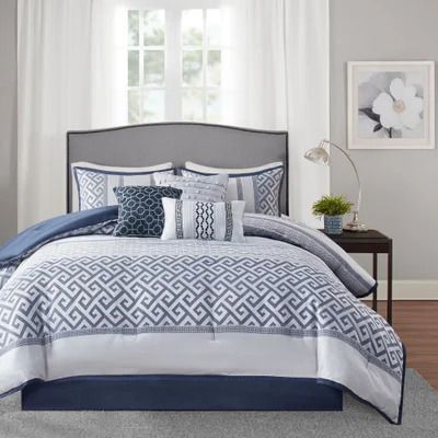 Photo 1 of FULL/QUEEN Madison Park Christian 7-piece Geometric Jacquard Comforter Set
Set includes 1 comforter, 2 shams, 3 decorative pillows, and 1 bedskirt
Poly jacquard face
Geometric pattern
Soft microfiber solid-color back (comforter and shams)
Bedskirt and pil