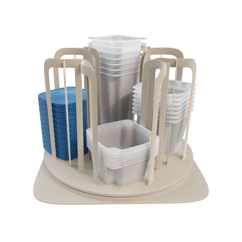 Photo 1 of Swirl Around Food Storage Organizer -  The set includes 8 each 8, 16 and 24 ounce containers, 24 interchangeable locking lids and a turning carousel that spins 360 degrees. Microwaveable and dishwasher safe; 49 Piece; Specifications Material: BPA Free Pla