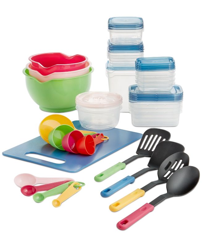 Photo 1 of Art & Cook 50-Pc. Kitchen Prep Set
Set includes two 2.5 cups with lids, two 1.7 cups with lids, three 1 cups with lids, four 0.7 cups with lids, 10.9 cup mixing bowl, 9.2 cup mixing bowl, 7.1 cup mixing bowl
Also includes 13.5" x 9" cutting board, 12" nyl