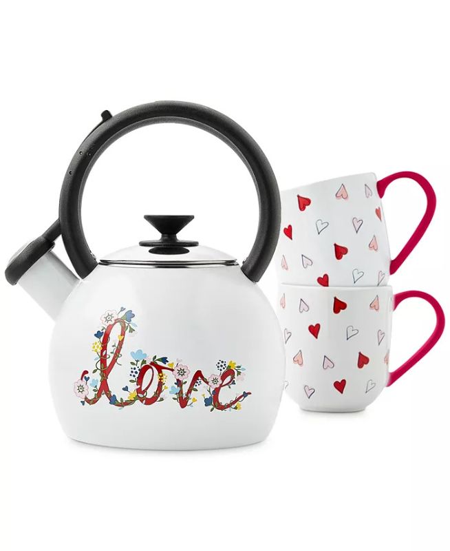 Photo 1 of Martha Stewart Collection Love Tea Kettle & Mug Set, Created for Macy's
Includes 1.4-qt. kettle, two 10-oz. mugs
Created for Macy's
Kettle: steel; mugs: stoneware
Hand wash kettle, dishwasher and microwave safe mugs
Imported