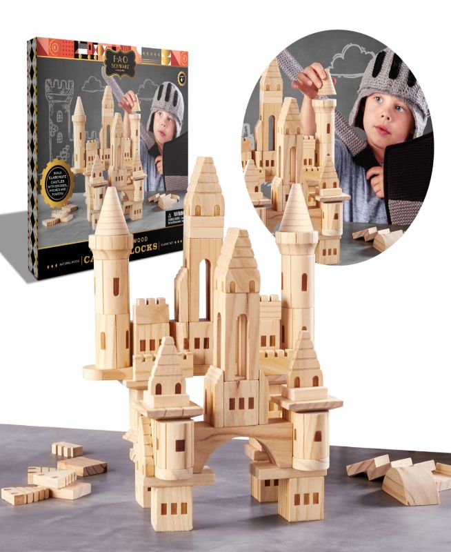 Photo 1 of FAO Schwarz Medieval Knights and Princesses Wooden Castle Building Blocks, Created for Macy's
Overall product dimension - 13.7" L x 1.75" W x 12.8" H
Weight - 3.58 lbs
Set includes - 75 piece wooden block
Suitable for ages 2 to 4 years