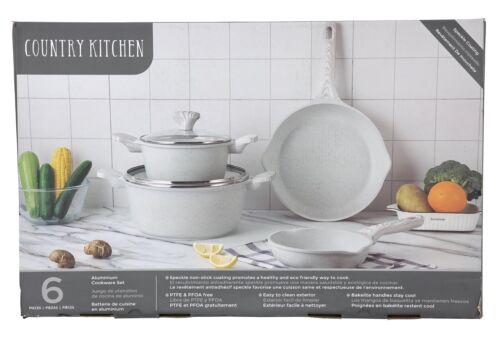 Photo 1 of Country Kitchen White Nonstick Cookware Set 6-Piece
Aluminium  Cookware set / White Speckle
Includes: 8 & 11" fry pan, 3 & 7" qt Dutch Oven with glass lid
