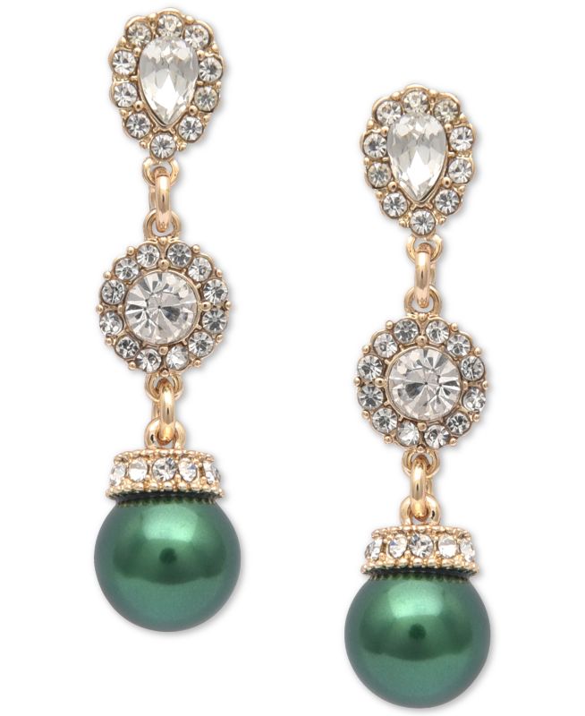Photo 1 of Charter Club Gold-Tone Crystal Halo & Colored Imitation Pearl Linear Drop Earrings, Created for Macy's - Green
