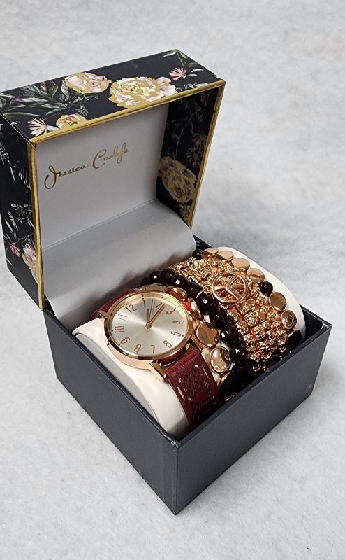 Photo 1 of JESSICA CARLYLE Women's Analog Brown Strap Watch 34mm with Matching Bracelets Set