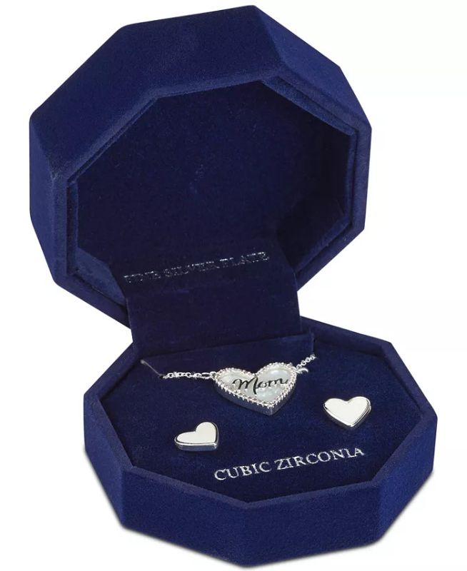 Photo 1 of Cubic Zirconia Mom Heart Pendant Necklace & Mother-of-Pearl Stud Earrings Set in Silver Plate