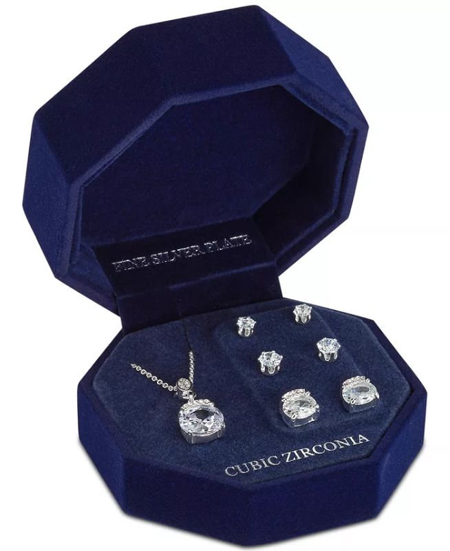 Photo 1 of Cubic Zirconia Oval Pendant Necklace & 3-Pc. Stud Earrings Set in Silver Plate
