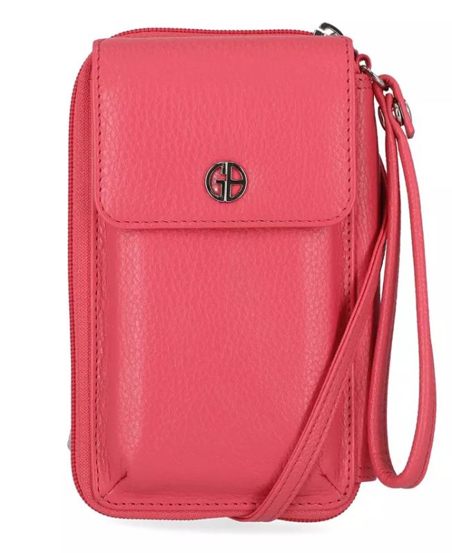 Photo 1 of Giani Bernini Softy Leather Tech Crossbody Wallet, 4-1/2"W x 7"H x 1"D
6"L removable wristlet strap; 25"L detachable strap
Magnetic snap closure
Silver-tone exterior hardware, 1 rear slit pocket & zip around section with zip pull
1 interior zip-around sec