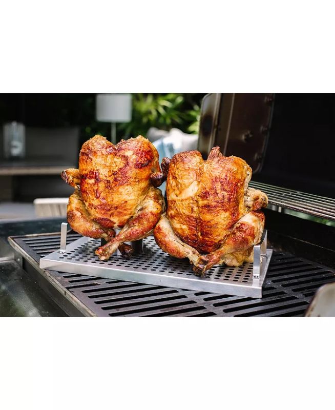 Photo 1 of Sedona Double Chicken BBQ Roaster Rack
Approx. dimensions: 13.58"L x 8.78"W x 2.95"H
Design keeps chicken upright while cooking
Holds up to 2 beverage cans
Two side handles allow easy transport
