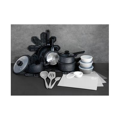 Photo 1 of Brooklyn Steel 28 Pcs Milky Way Cookware set- Black
Set includes:
8" and 10" fry pans
1.5-qt. and 2.5-qt. saucepans with lids
5-qt. Dutch oven with lid
Five felt cookware protectors (2 small, 2 medium and 1 large)
Three silicone utensils: slotted turner, 
