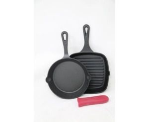 Photo 1 of Sedona Cast Iron Skillet & Grill Pan 2-pc. Set Plus Handle Holder
Set includes:
8" round skillet
8" square grill
Handle holder