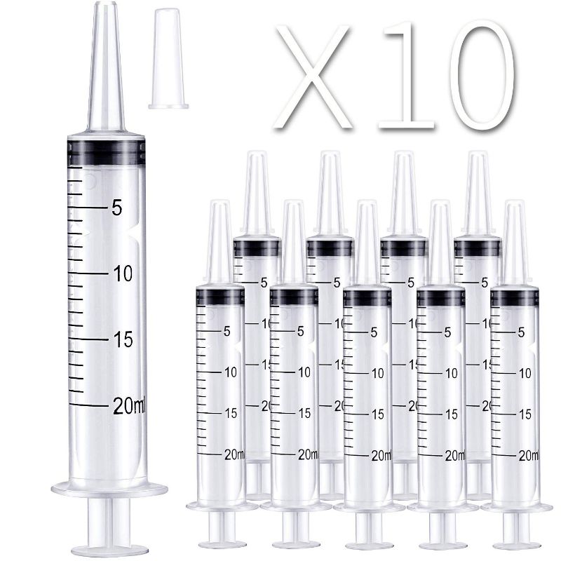 Photo 1 of 10 Pack 20ml/cc Plastic Syringe Large Syringes Tools Catheter Tip Individually Sealed with Measurement for Scientific Labs, Measuring Liquids, Feeding Pets, Medical Student, Oil or Glue Applicator New