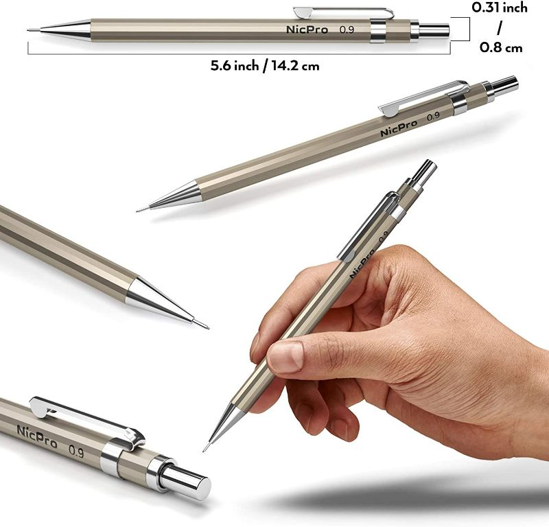 Photo 3 of Nicpro 2 PCS 0.9 mm Metal Mechanical Pencils Set, Drafting Pencil for Artist Writing, Sketching, Drawing, with 4 Tubes HB Lead Refill & Erasers, Erasers Refills & Storage Case New