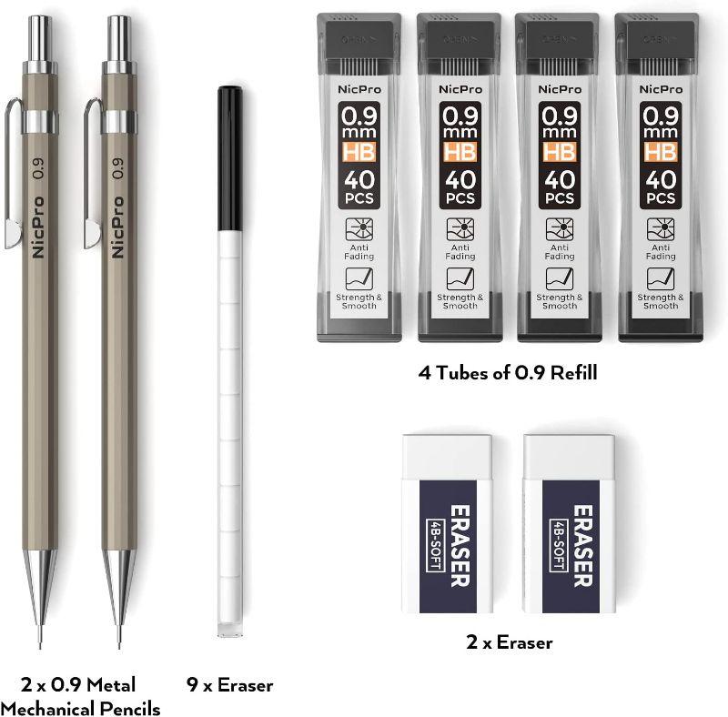 Photo 4 of Nicpro 2 PCS 0.9 mm Metal Mechanical Pencils Set, Drafting Pencil for Artist Writing, Sketching, Drawing, with 4 Tubes HB Lead Refill & Erasers, Erasers Refills & Storage Case New