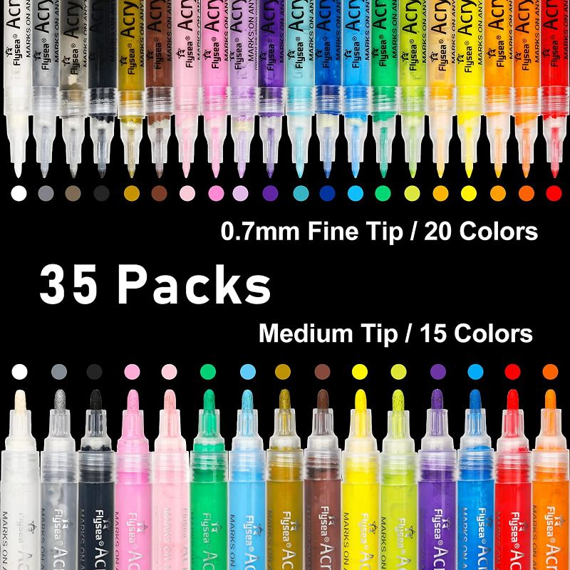Photo 1 of 35 Premium Acrylic Paint Marker Pens, Double Pack of Both Extra Fine and Medium Tip, for Rock Painting, Mug, Ceramic, Glass, Wood, Fabric Painting, Canvas,Metal,Water Based Quick Dry Non Toxic No Odor New 