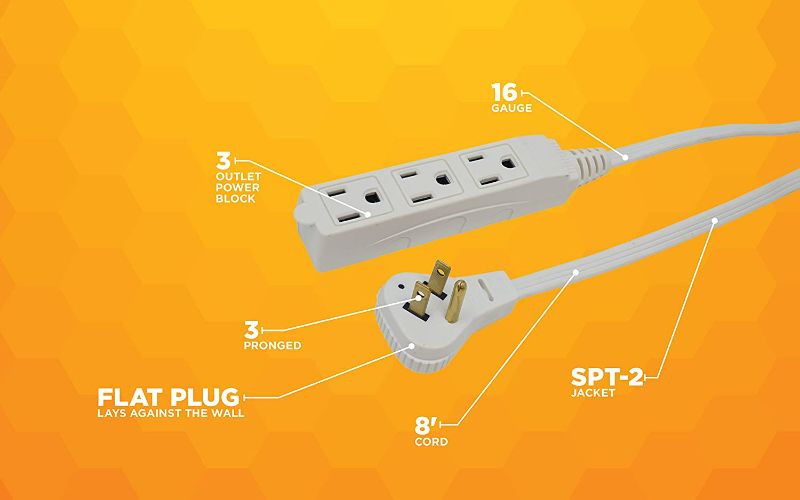 Photo 4 of Flat Plug Indoor Extension Cord, 8-Foot, 3 Outlets, Right Angled Plug