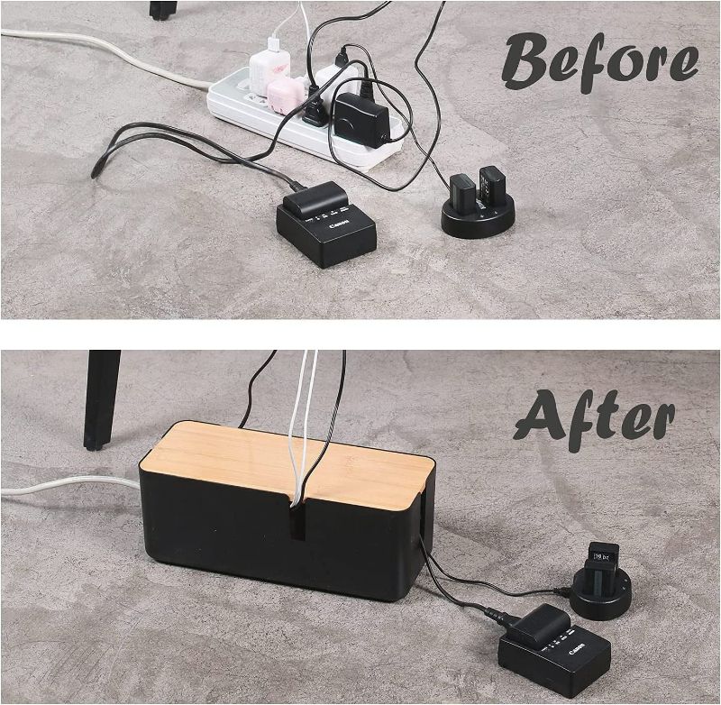 Photo 3 of Changsuo Cable Management Box with Bamboo Lid Small Cable Organizer Box for Extension Cord Power Stripe Surge Protector Wire Management Concealer Organizer Cover Hider (Black) New
