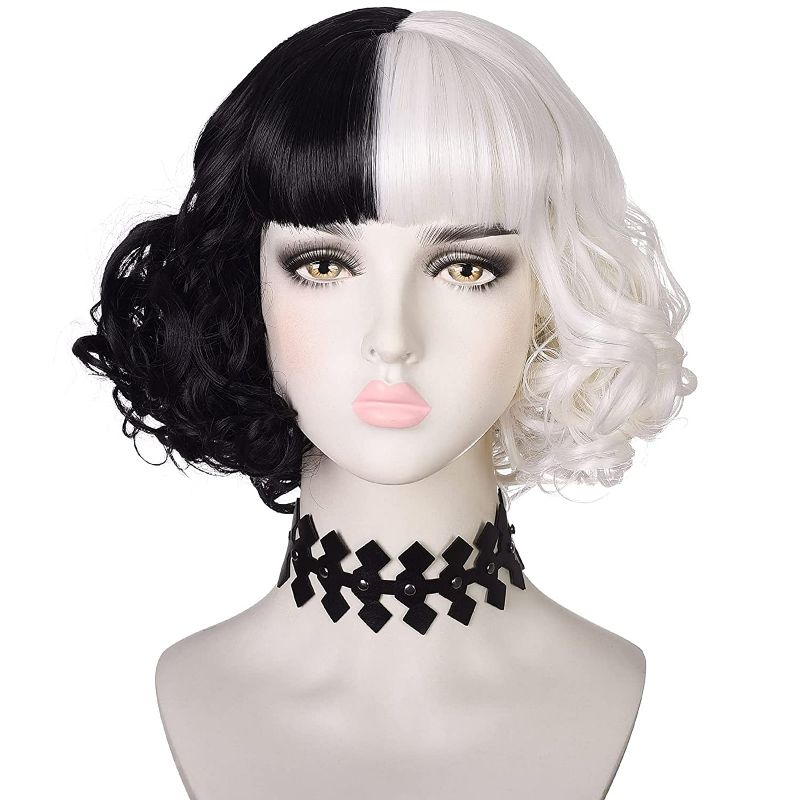 Photo 1 of Morvally Black and White Wig with Necklace for Women Girls Halloween Party Short Curly Bob Synthetic wigs New
