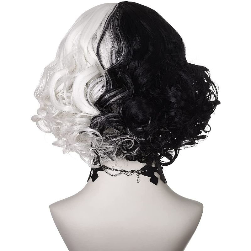 Photo 4 of Morvally Black and White Wig with Necklace for Women Girls Halloween Party Short Curly Bob Synthetic wigs New