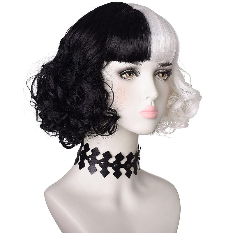 Photo 3 of Morvally Black and White Wig with Necklace for Women Girls Halloween Party Short Curly Bob Synthetic wigs New