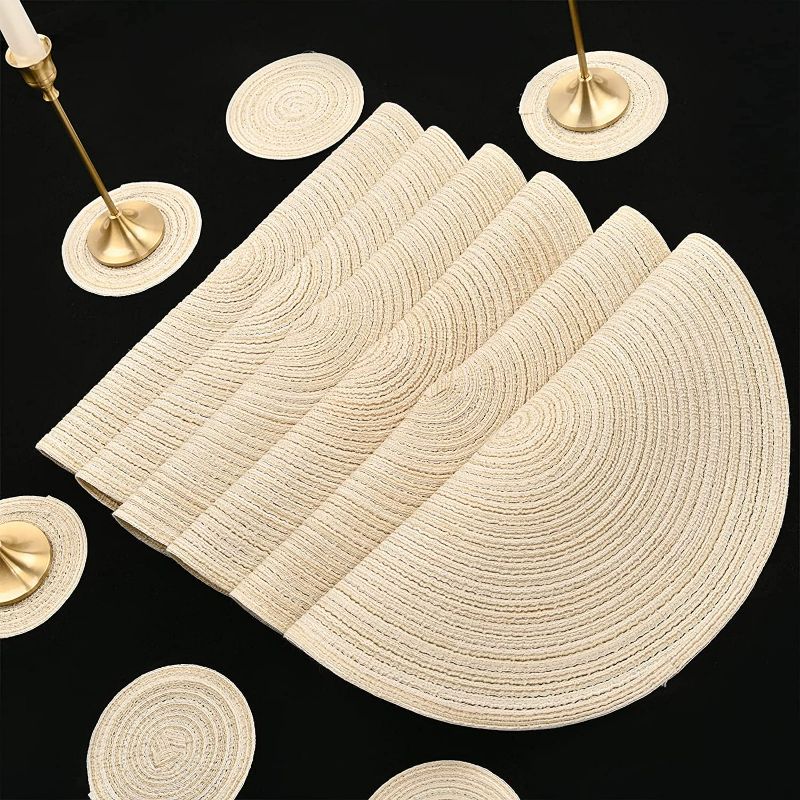 Photo 4 of 16PCS Round Braided Placemats and Coasters Premium Non Slip Washable Stain Resistant Heat Resistant Multi-Use Placemats Table Mats for Dining Tables (Beige,8 Placemats and 8 Coasters)  NEW 