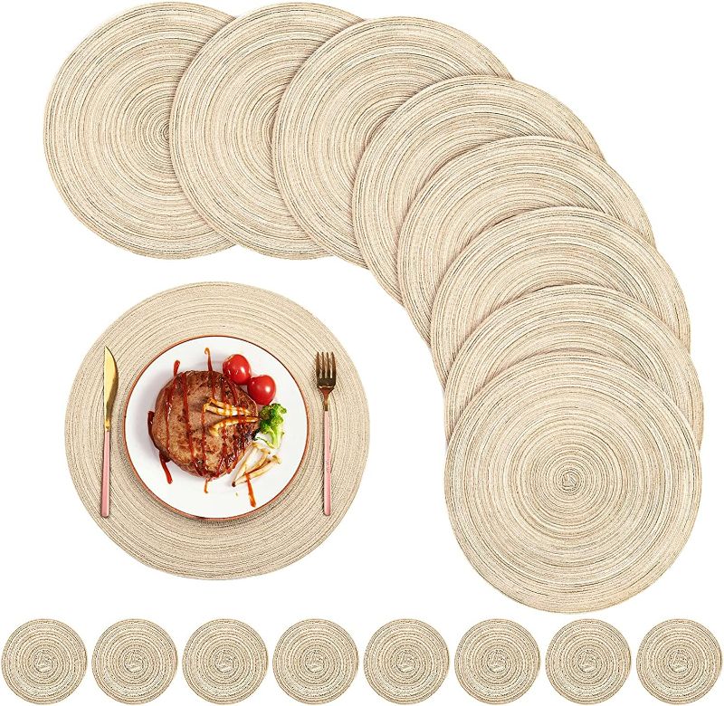 Photo 1 of 16PCS Round Braided Placemats and Coasters Premium Non Slip Washable Stain Resistant Heat Resistant Multi-Use Placemats Table Mats for Dining Tables (Beige,8 Placemats and 8 Coasters)  NEW 