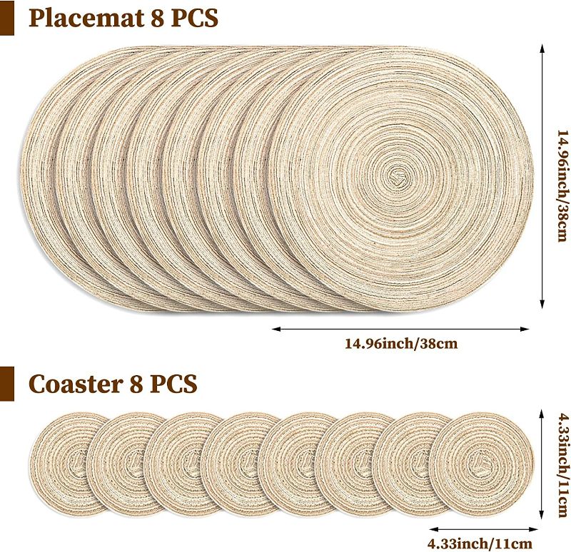 Photo 2 of 16PCS Round Braided Placemats and Coasters Premium Non Slip Washable Stain Resistant Heat Resistant Multi-Use Placemats Table Mats for Dining Tables (Beige,8 Placemats and 8 Coasters)  NEW 