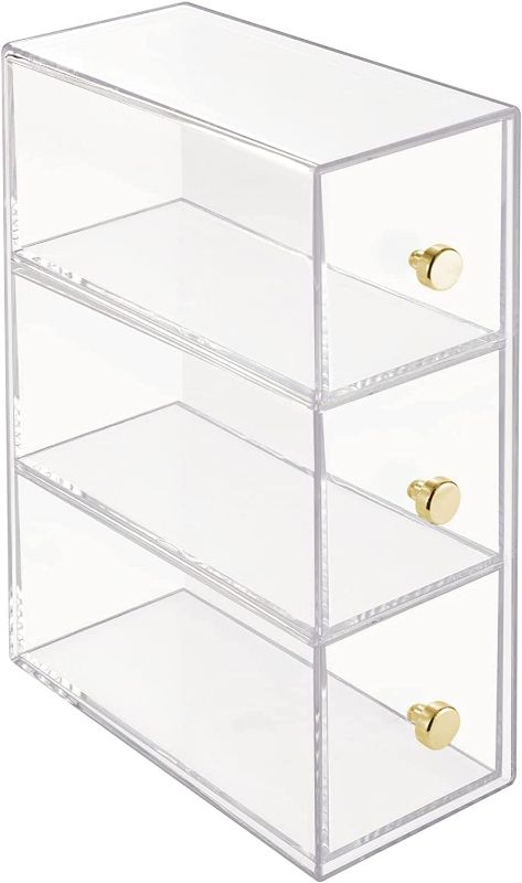 Photo 3 of mDesign Plastic Kitchen Pantry Stackable Storage Organizer Container Station with 3 Drawers for Cabinet, Countertop, Holds Coffee, Tea, Sugar Packets, Creamers, Drink Pods, Packets - Clear/Soft Brass NEW 