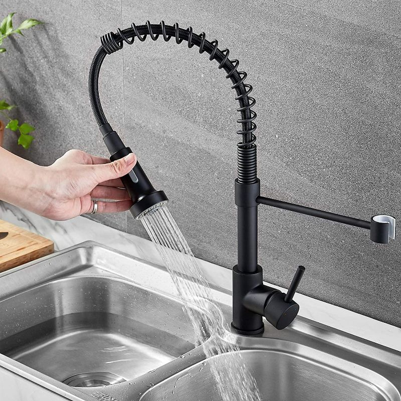 Photo 2 of Ravinte Solid Brass Commercial Kitchen Faucet with Sprayer Single Handle Spring Spout Faucets Pull Down Sprayer Kitchen Matte Black Sink Faucet Farmhouse Kitchen Faucets