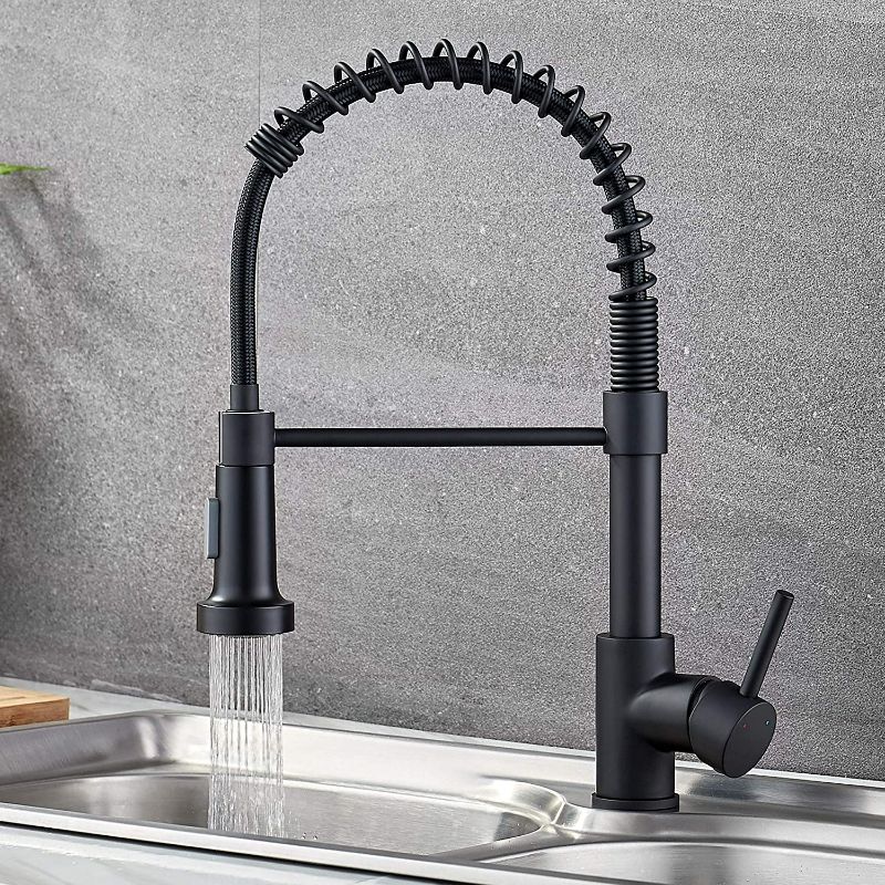 Photo 4 of Ravinte Solid Brass Commercial Kitchen Faucet with Sprayer Single Handle Spring Spout Faucets Pull Down Sprayer Kitchen Matte Black Sink Faucet Farmhouse Kitchen Faucets