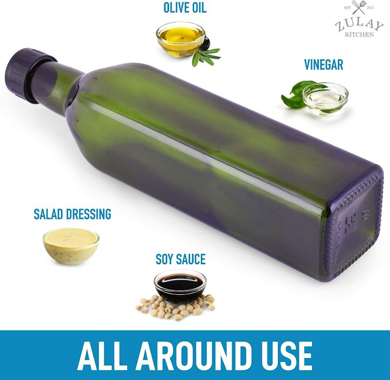 Photo 1 of Zulay (16.09oz) Olive Oil Dispenser Bottle For Kitchen - Glass Olive Oil Bottle With 2 Spouts, 2 Removable Corks, 2 Caps, & 1 Funnel - Oil Bottle For Kitchen & Storing Liquids (Green Bottle) New 