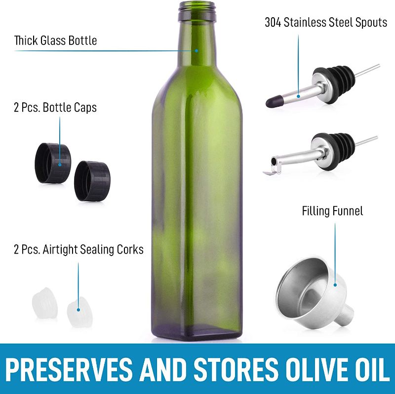 Photo 2 of Zulay (16.09oz) Olive Oil Dispenser Bottle For Kitchen - Glass Olive Oil Bottle With 2 Spouts, 2 Removable Corks, 2 Caps, & 1 Funnel - Oil Bottle For Kitchen & Storing Liquids (Green Bottle) New 