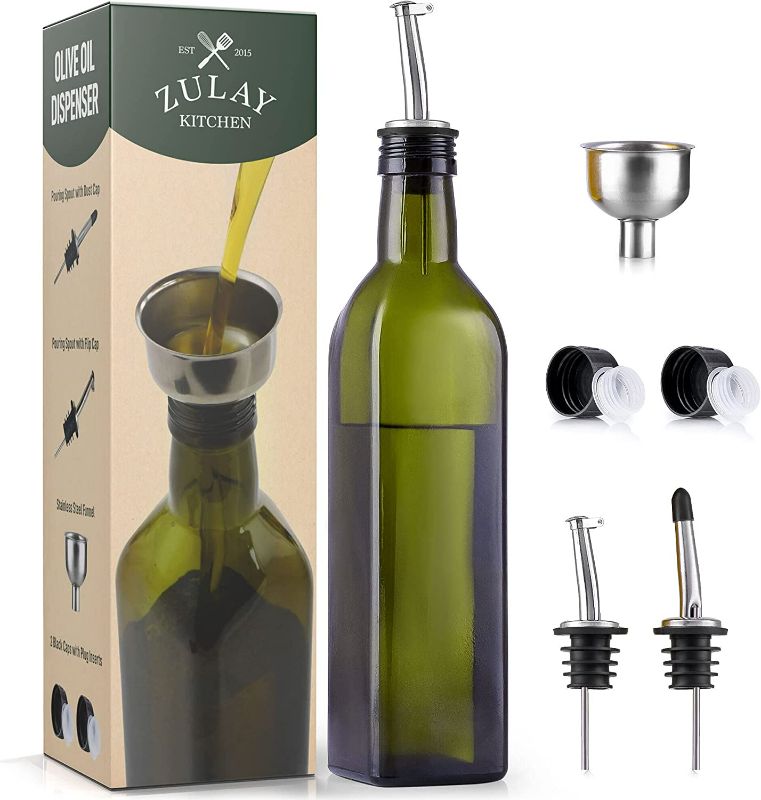 Photo 1 of Zulay (16.09oz) Olive Oil Dispenser Bottle For Kitchen - Glass Olive Oil Bottle With 2 Spouts, 2 Removable Corks, 2 Caps, & 1 Funnel - Oil Bottle For Kitchen & Storing Liquids (Green Bottle) New 
