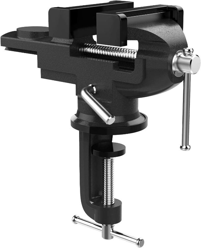 Photo 1 of Nuovoware Table Vise 3 Inch, 360° Swivel Base Universal Home Vise Portable Bench Clamp, Clamp-on Vise Bench Clamps Fixed Tool for Woodworking, Metalworking, Cutting Conduit, Drilling, Sawing, Black NEW 