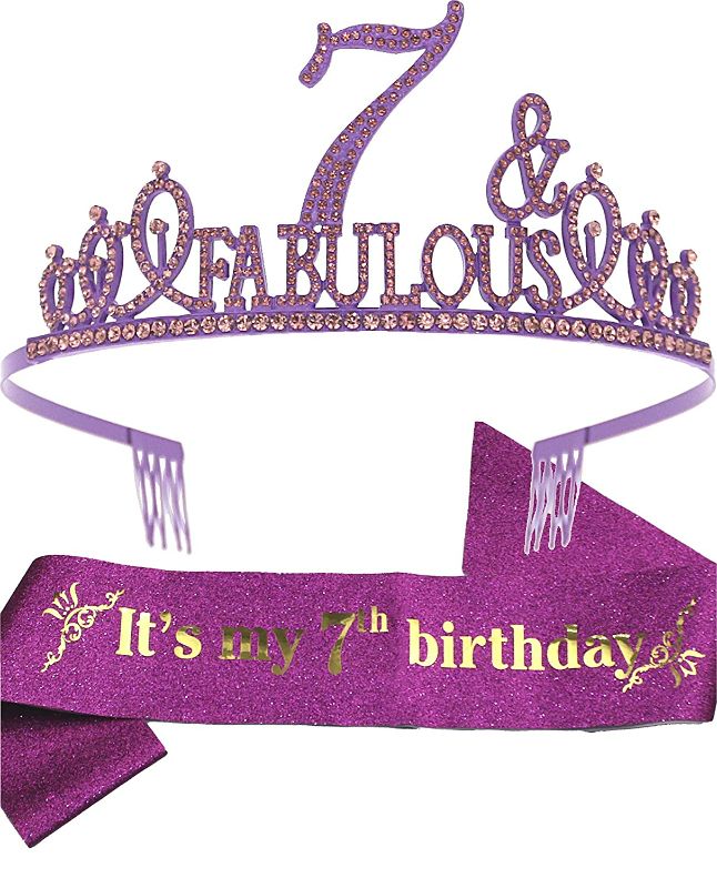 Photo 1 of 7th Birthday Sash and Tiara for Girls - Fabulous Glitter Sash + Fabulous Rhinestone Purple Premium Metal Tiara for Girls, 7th Birthday Gifts for Princess Party