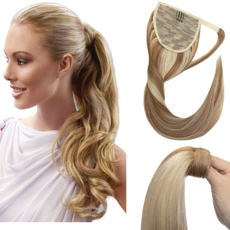 Photo 1 of Rich Choices Ponytail Extension Human Hair Real Hair Ponytail Golden Brown Highlighted Bleach Blonde 16 Inch 80g One Piece Clip In Wrap Around Long Ponytail Extension Straight For Women