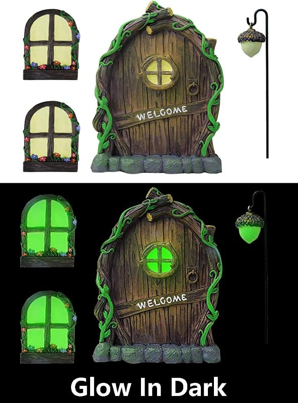 Photo 3 of Miniature Fairy Gnome Home Windows and Welcome Door with Fairy Lantern, Glow in Dark Art Sculpture for Trees Outdoor Indoor Garden Yard Wall Decorations New