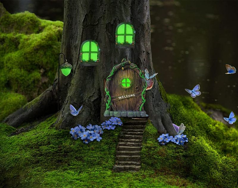 Photo 1 of Miniature Fairy Gnome Home Windows and Welcome Door with Fairy Lantern, Glow in Dark Art Sculpture for Trees Outdoor Indoor Garden Yard Wall Decorations New