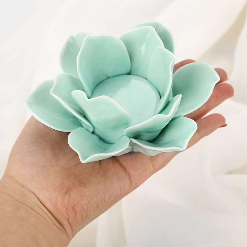 Photo 3 of OwnMy 4.5 Inch Ceramic Lotus Flower Tea light Holder Lotus Petals Candle Holder Candlestick, Votive Flower Tealight Candle Holder Candle Lamps Holder with Gift Box for Home Decor Wedding Party (Green) NEW 