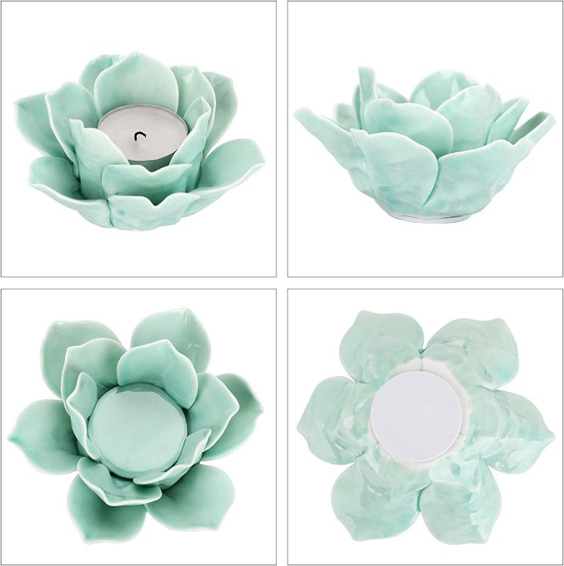 Photo 2 of OwnMy 4.5 Inch Ceramic Lotus Flower Tea light Holder Lotus Petals Candle Holder Candlestick, Votive Flower Tealight Candle Holder Candle Lamps Holder with Gift Box for Home Decor Wedding Party (Green) NEW 