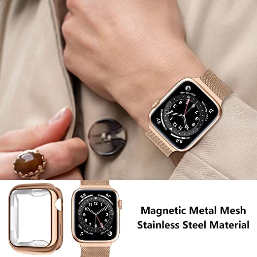 Photo 3 of Metal Stainless Steel Band Compatible with Apple Watch Bands 42mm/44mm 45mm With Screen Protector Case, Magnetic Adjustable strap for iWatch Series (Vintage Gold) NEW 