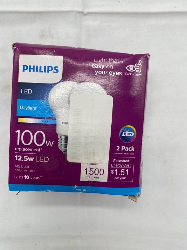 Photo 2 of Philips 461961 100W Equivalent A19 LED Soft White Light Bulb 2 Pack New 